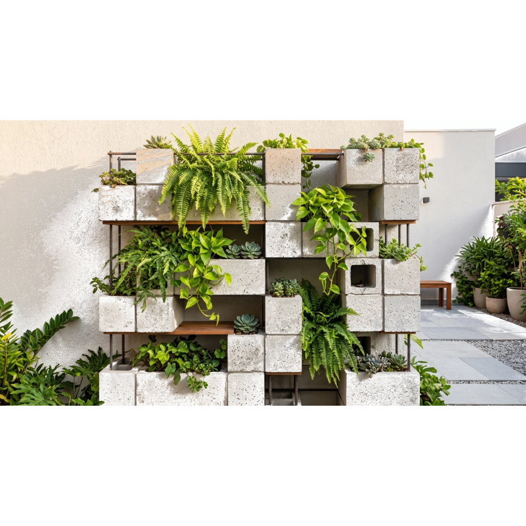 Guia passo a passo de como fazer jardim vertical com blocos de concreto e plantas verdes