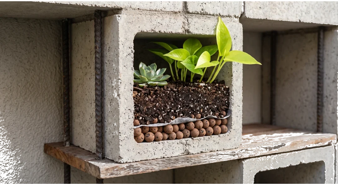 Guia passo a passo de como fazer jardim vertical com blocos de concreto e plantas verdes