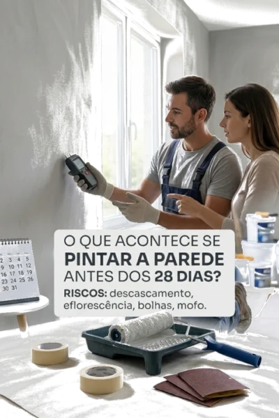 Pintor avaliando quanto tempo esperar a parede rebocada secar antes de pintar durante a reforma.