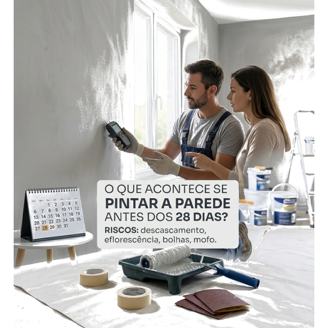 Pintor avaliando quanto tempo esperar a parede rebocada secar antes de pintar durante a reforma.