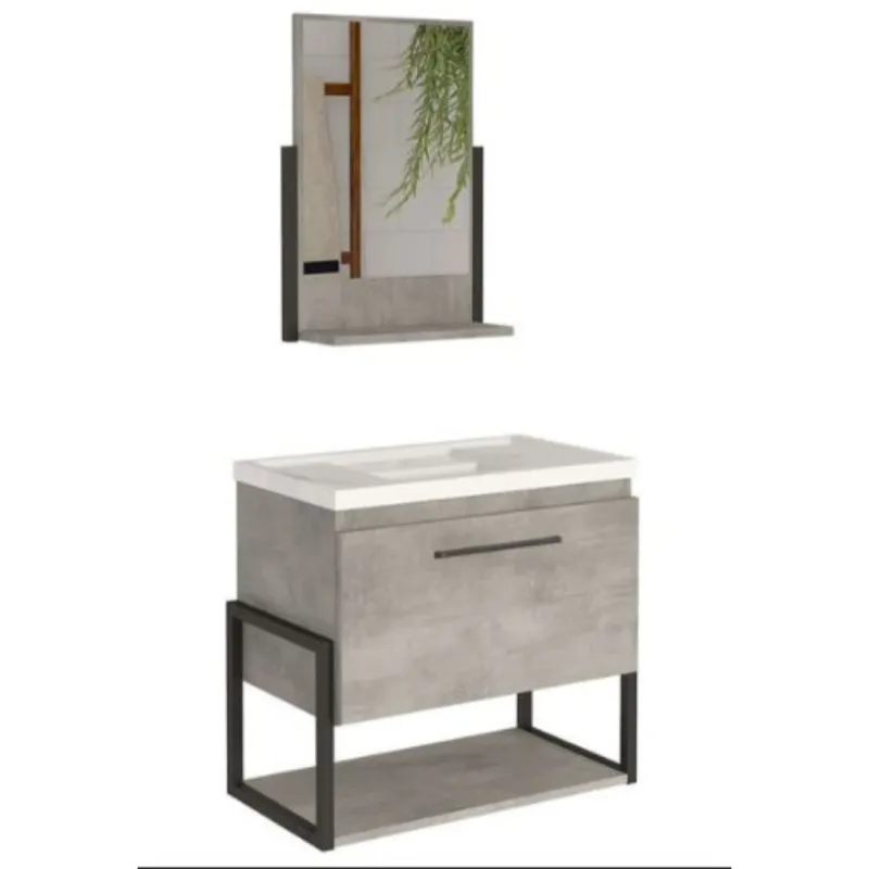 Conjunto Para Banheiro Metalo em Mdf Mgm Suspenso 60 cm Cimento