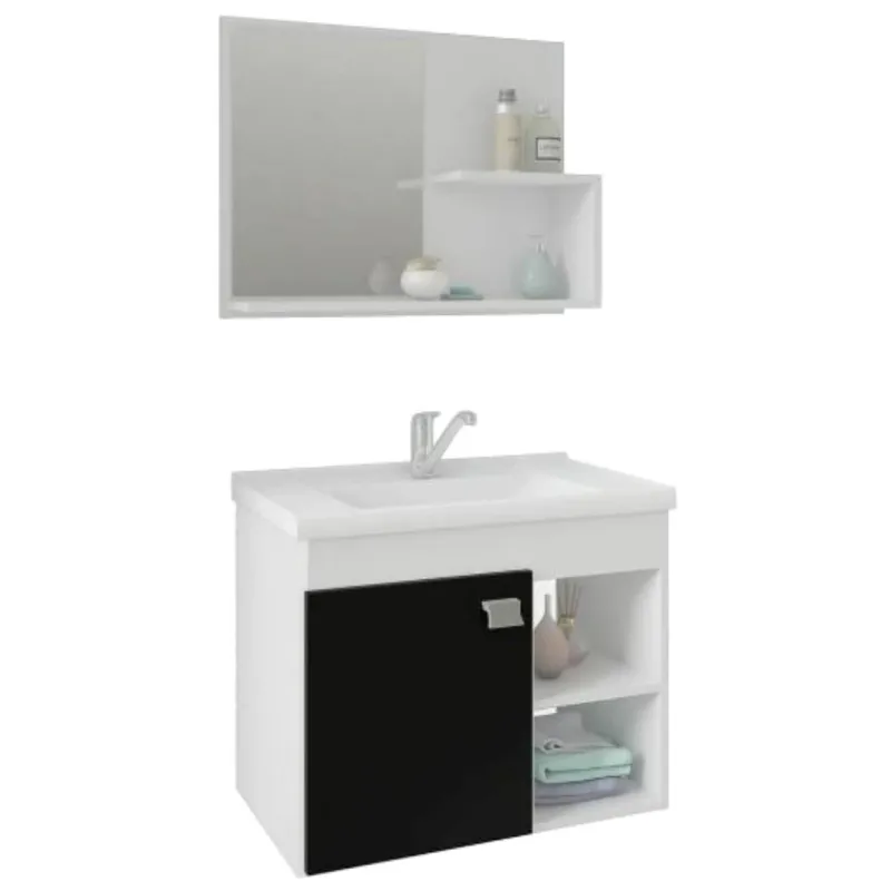 Conjunto Para Banheiro Lotus em Mdf Mgm Suspenso 55 cm Branco / Preto