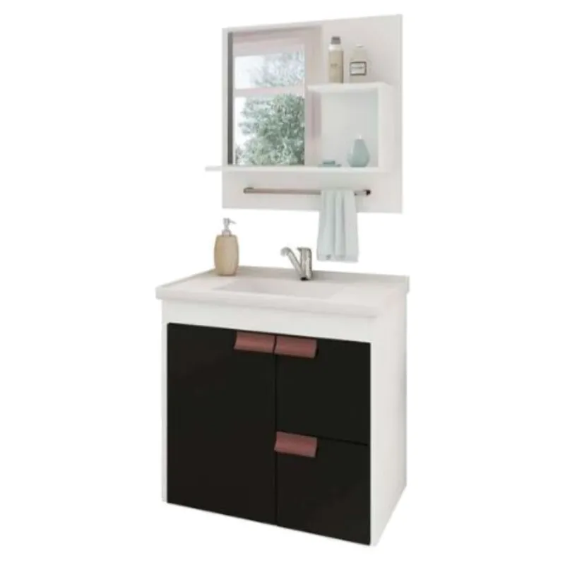 Conjunto Para Banheiro Tulipa em Mdf Mgm Suspenso 59 cm Branco / Preto