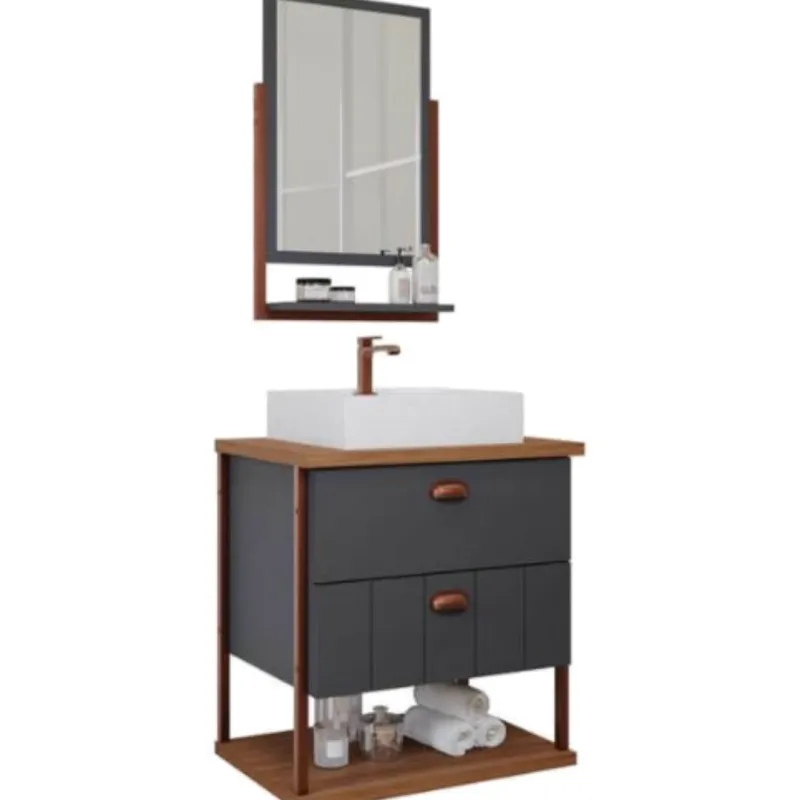 Conjunto Para Banheiro Uni em Mdf Mgm Suspenso 60 cm Titanium / Freijo