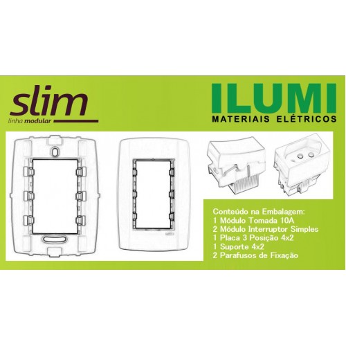 Conjunto 2 Interruptores Simples + Tomada 10A + Placa 4x2 Slim R:80210