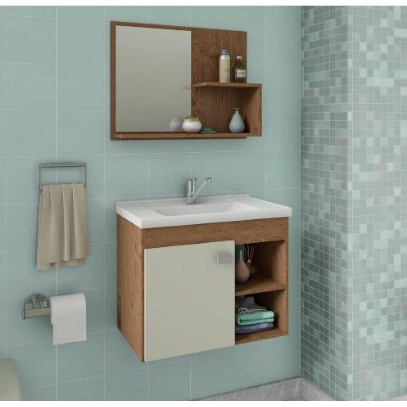 Conjunto Para Banheiro Lotus em Mdf Mgm Suspenso 55 cm Amêndoa / Off White