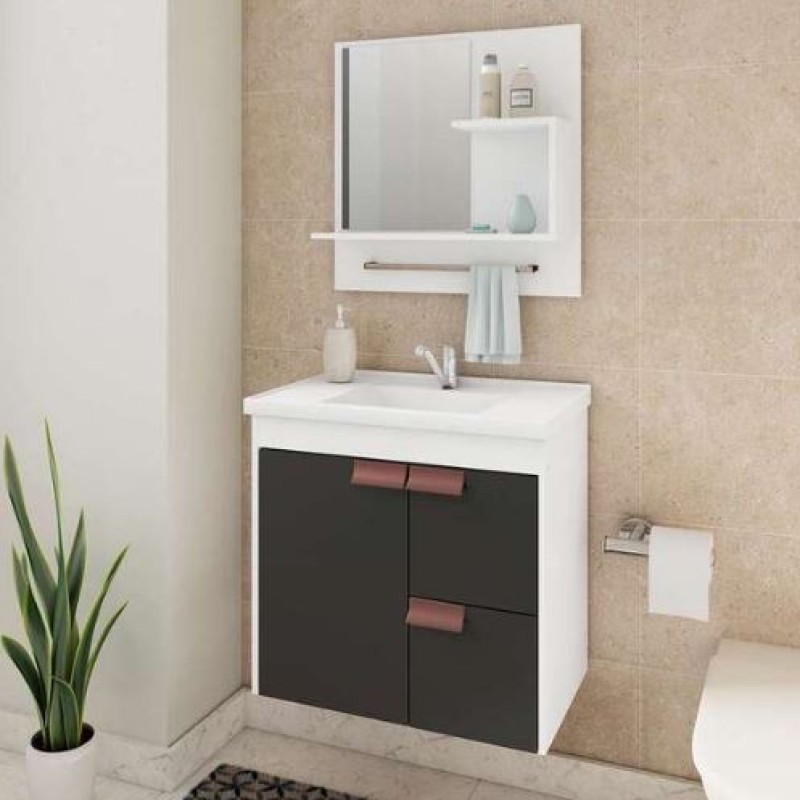 Conjunto Para Banheiro Tulipa em Mdf Mgm Suspenso 59 cm Branco / Preto