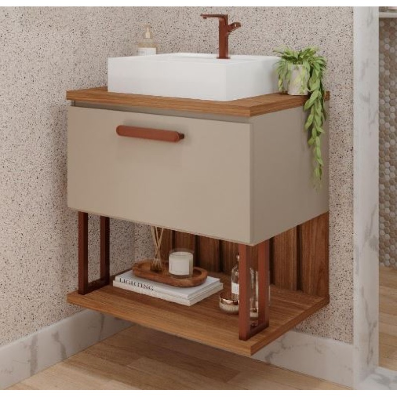 Gabinete Banheiro Duna em Mdf 60 cm Mgm Suspenso Cappuccino / Freijó