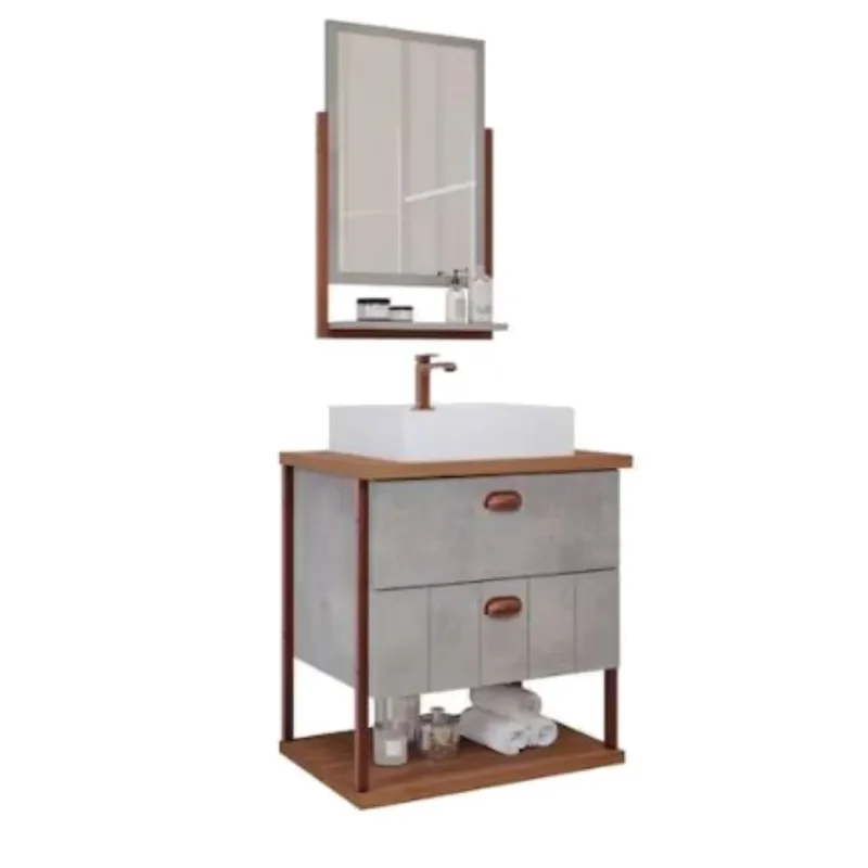 Conjunto Para Banheiro Uni em Mdf Mgm Suspenso 60 cm Cimento / Freijo
