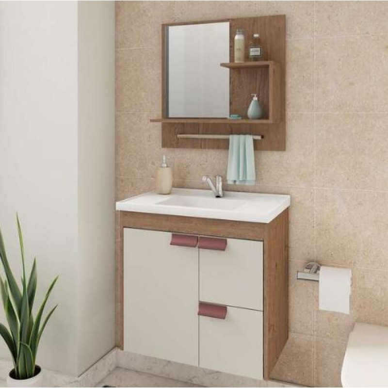 Conjunto Para Banheiro Tulipa em Mdf Mgm Suspenso 59 cm Amêndoa / Off White