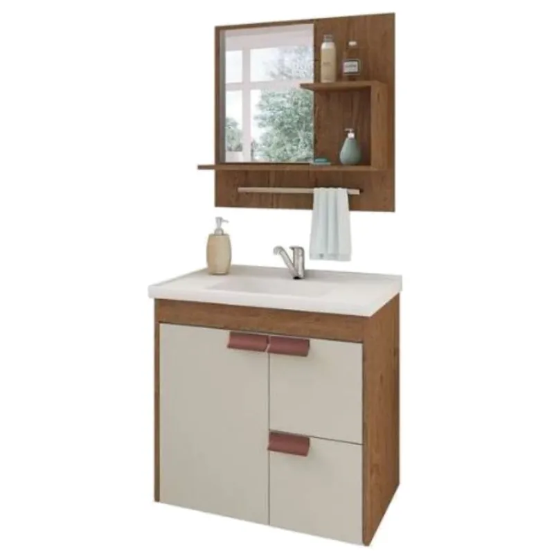 Conjunto Para Banheiro Tulipa em Mdf Mgm Suspenso 59 cm Amêndoa / Off White