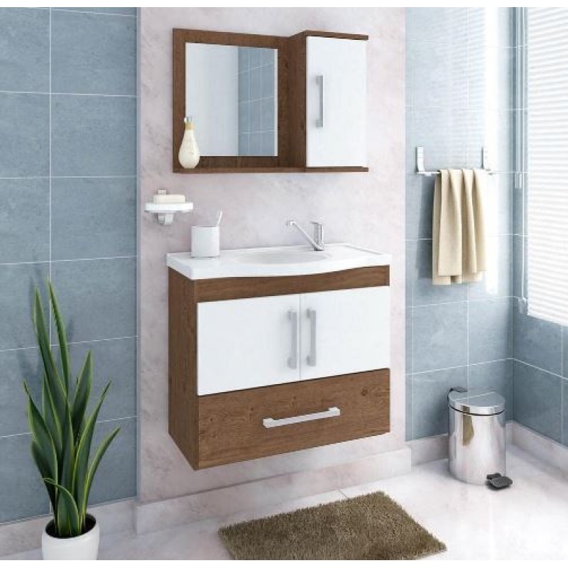 Conjunto Para Banheiro Atenas em Mdf Mgm Suspenso 65 cm Amêndoa e Branco